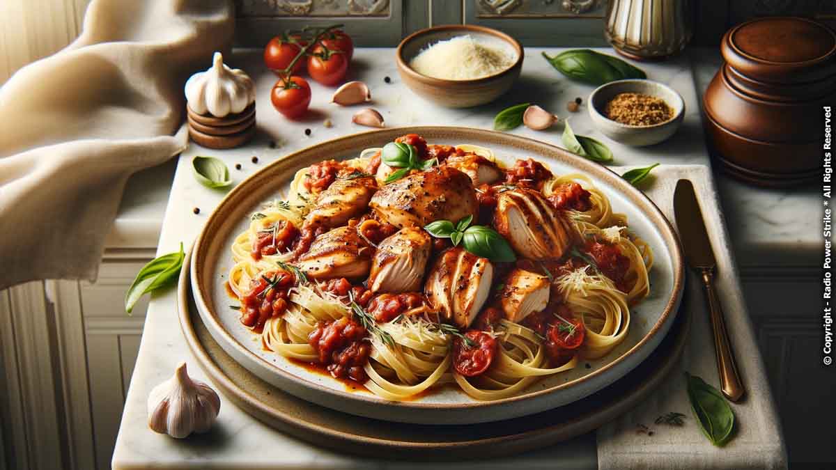 Roasted Garlic Marinara Braised Chicken with Linguine