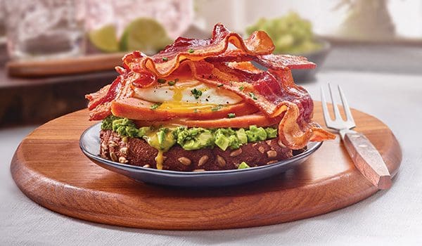 Breakfast Avocado Toast with Bacon and Ham